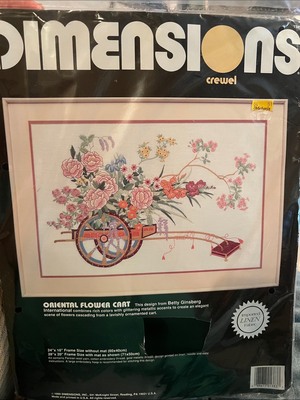 Vintage 1990 DIMENSIONS Crewel "Oriental Flower Cart" Framed Floral Wall Art.